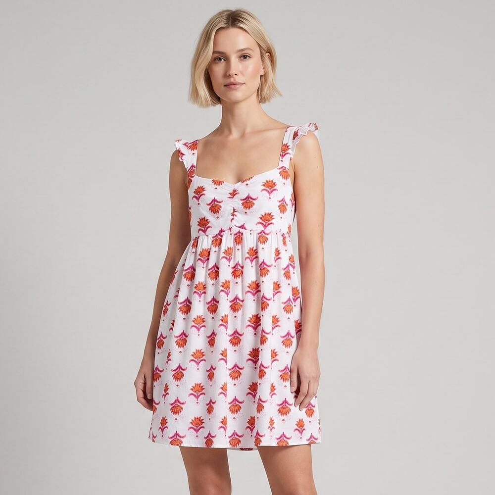 J.Crew Linen Blend Ruffle Strap Mini Sundress White Orange Pink Floral Size 6